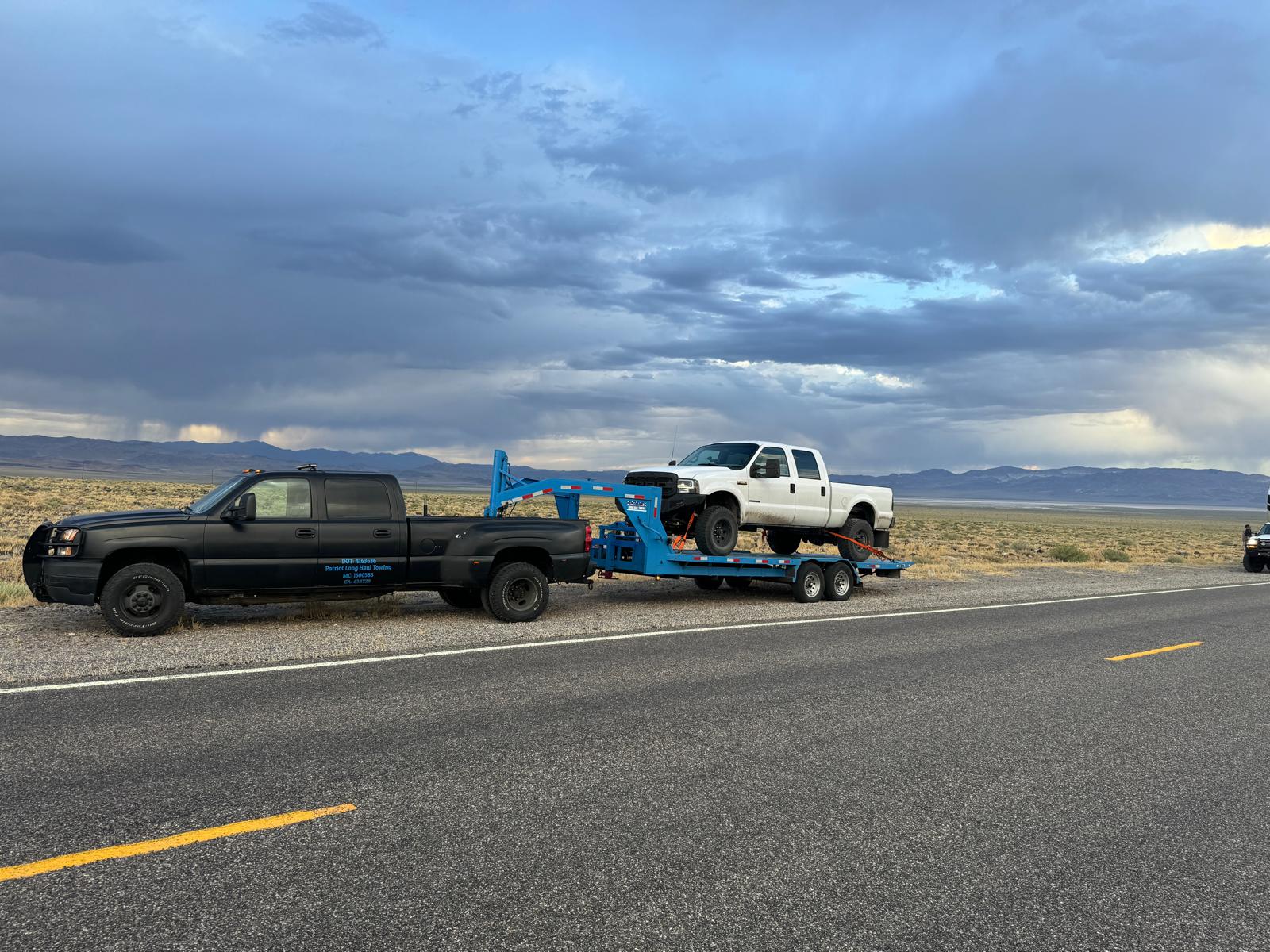 Towing truck in the snow in Mammoth Lakes, CA